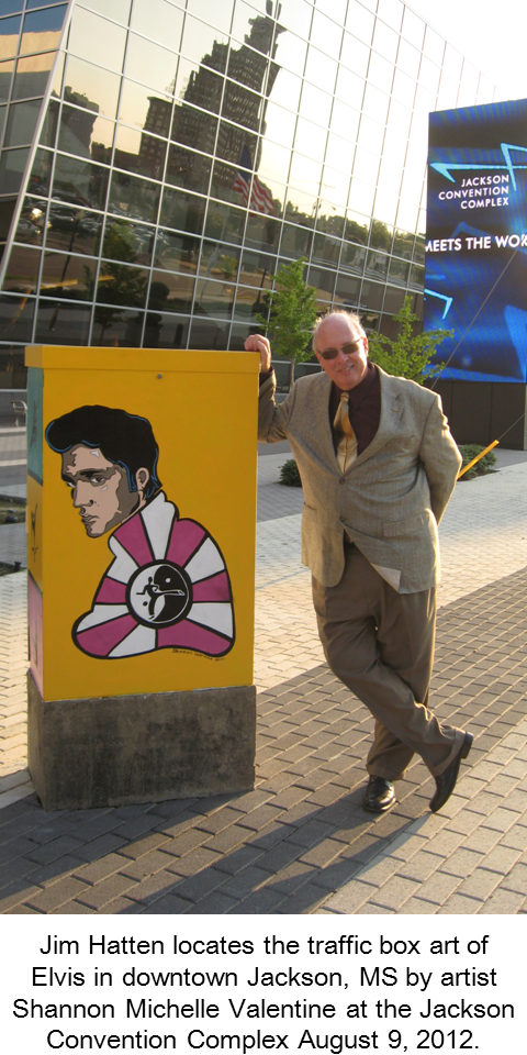 Photo of Jim Hatten with the traffic box art  of Elvis in downtown Jackson, MS by artist Shannon Michelle Valentine at the Jackson Convention Complex August 9, 2012.